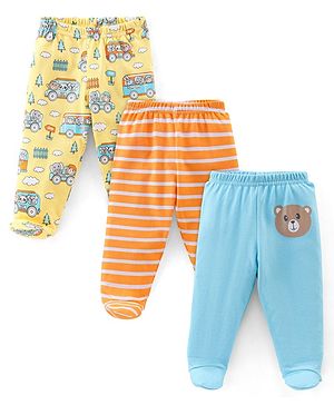 Babyhug Cotton Knit Footed Bootie Leggings Bear & Vehicles Printed Set of 3 - Blue Orange & Yellow