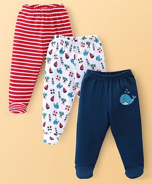 Babyhug Cotton Knit Footed Bootie Leggings Striped & Dolphin Printed Set of 3 - Red & Navy Blue