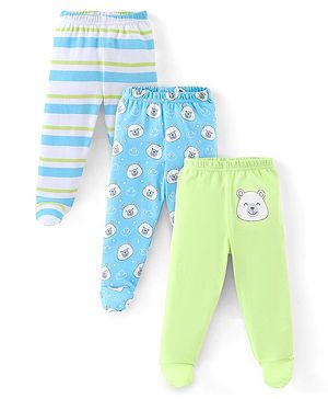Babyhug Cotton Footed Bootie Leggings Striped & Polar Bear Print Pack of 3 - Blue & Green