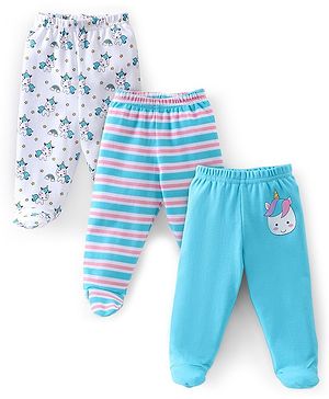 Babyhug Cotton Knit Footed Bootie Leggings Set Stripes & Unicorn Printed of 3 - White & Blue