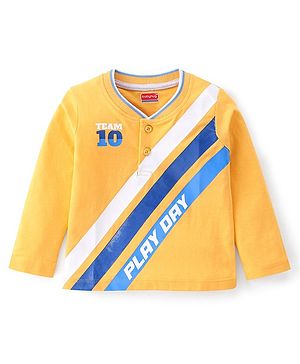 Babyhug Cotton Knit Full Sleeves Striped T-Shirt with Text Print - Yellow