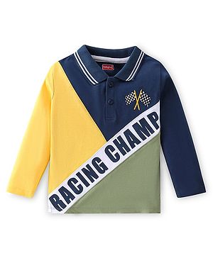 Babyhug Full Sleeves Polo Neck T-Shirt with Text Graphics Print - Yellow Blue & Green
