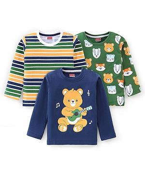 Babyhug 100% Cotton Knit Full Sleeves T-Shirt with Bear Graphics Pack Of 3 - Multicolour
