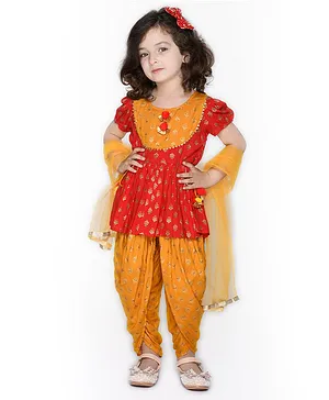 Saka Designs By Sapna Half Sleeves Floral Motif Foil Printed & Lace Embellished    Top  Dhoti And Dupatta Set  - Red & Mustard Yellow