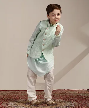Manyavar Full Sleeves Solid Cowl Drape Detailed Kurta & Pyjama With Moroccan Design Embroidered Jacket - Green