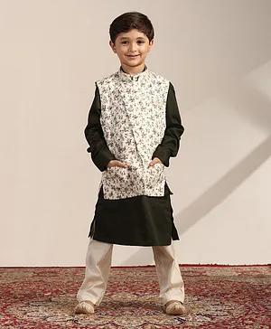 Manyavar Full Sleeves Solid Kurta & Pyjama With Floral Printed Jacket - Cream