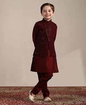 Manyavar Full Sleeves Solid Kurta & Pyjama With Seamless Floral Embroidered & Sequin Embellished Jacket - Maroon