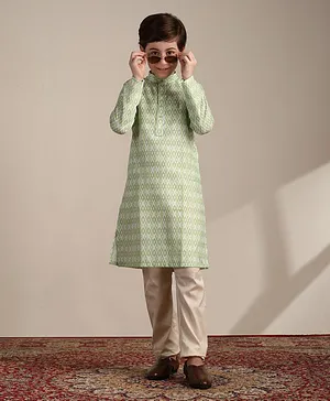 Manyavar Full Sleeves Overlapping Argyle Designed Kurta & Pyjama Set - Green