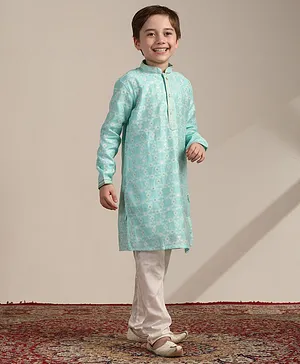 Manyavar Full Sleeves Seamless Abstract Floral Woven Design Detailed Kurta & Pyjama Set - Green
