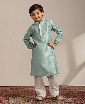 Manyavar Full Sleeves Seamless Inticate Floral Blocks Motif Woven Design Detailed Kurta & Pyjama Set - Green