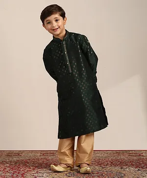 Manyavar Full Sleeves Seamless Vintage Ethnic Motif Foil Printed Kurta & Pyjama Set - Green