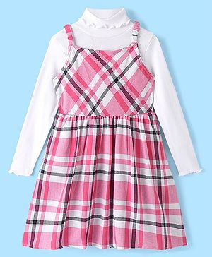 Pine Kids Checks Pattern Frock with Elasticated Strap & Turtle Neck Full Sleeves Rib Top - Multicolor