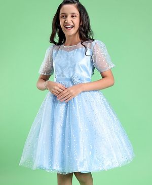 Pine Kids Half Puff Sleeves Party Wear Frock with Foil Print Detailing - Light Blue