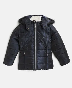 OKANE Full Sleeves Solid Colour Padded Jacket with Removable Hood - Navy Blue
