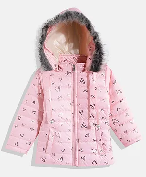 OKANE Full Sleeves Padded Jacket With Removable Hood Heart Print - Pink