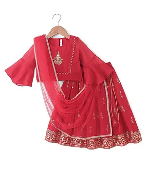 Babyhug Woven Three Fourth Sleeve Embroidered Choli with Foil Printed Lehenga & Dupatta Set - Red