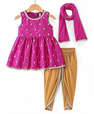 Babyhug Sleeveless Floral Mbrodered Kurti Salwar and Dupatta Set -Magenta Pink