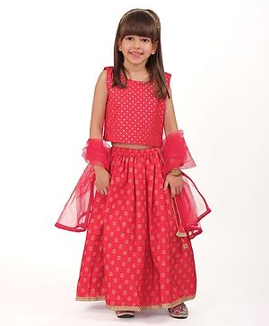 Babyhug Sleeveless Embroidered Choli with Foil Printed Lehenga and Dupatta - Red