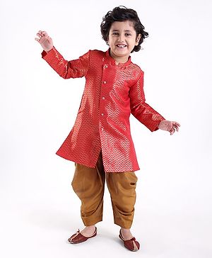 Babyhug Full Sleeves Brocade Embroidered Kurta with Dhoti  Set - Rust