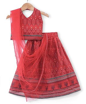 Babyhug Sleeveless Chanderi Printed Choli with Lehenga and Dupatta Set - Maroon