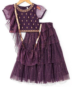 Babyhug Woven Short Sleeves Embroidered Choli with Shimmer Net Lehenga & Dupatta - Purple