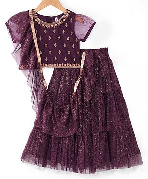 Babyhug Cotton Half Sleeve Embroidered Choli With Shimmer Net Lehenga And Dupatta - Purple