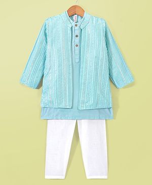 Babyhug Full Sleeves Solid Kurta Pyjama Set with Sherwani Embroidered Jacket  - Mint Green