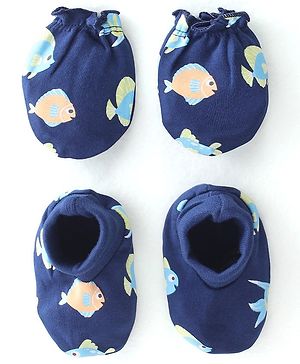 Babyhug 100% Cotton Knit Mitten & Booties Marine Life Print - Navy Blue