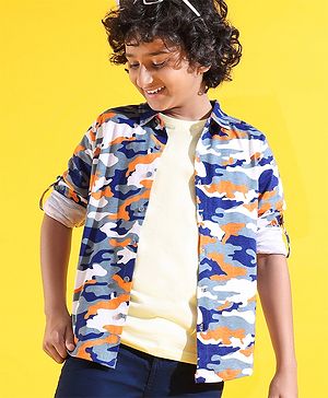 Pine Kids 100% Cotton Knit Full Sleeves Roll Up Shirt Camouflage Printed - Blue