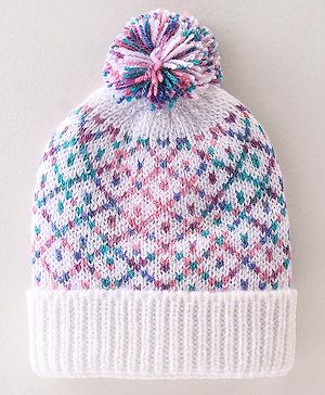 Babyhug Woollen Caps with Pompom - White & Pink