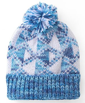 Babyhug Woollen Caps with Pompom - White & Blue