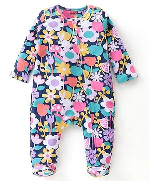 Babyhug Cotton Knit Full Sleeves Sleepsuit With Floral Print - Navy Blue