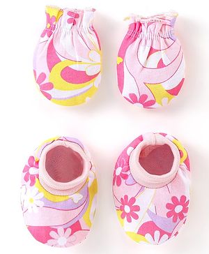 Babyhug 100% Cotton Knit Mitten & Booties Floral Print - Pink