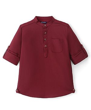 Pine Kids Full Sleeves Roll Up Kurta Shirt Solid Color - Red