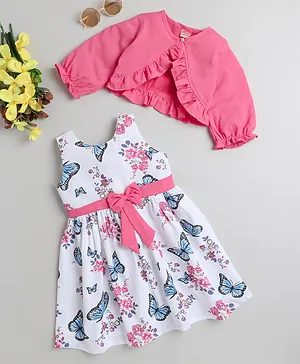 Twetoons Butterfly Printed Frock with Full Sleeves Shrug - Pink