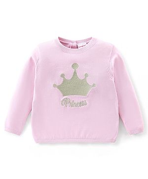 Babyhug Cotton Knit Full Sleeves Sweater with Crown Design - Pink