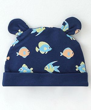 Babyhug 100% Cotton Knit Cap Marine Life Print - Navy Blue