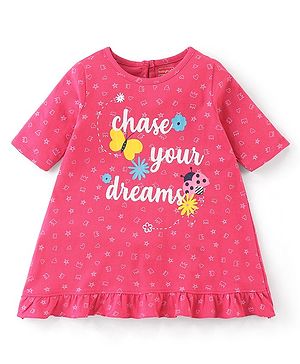 Babyhug Cotton Knit Three Fourth Sleeves Butterfly Printed Night Suit - Pink
