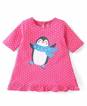 Babyhug Cotton Knit Three Fourth Sleeve Nighty With Penguin Print - Pink