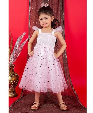 Bella Moda Frill Cap Sleeves Smocked Detail Bodice And Stars Foil Printed   Party Wear Dress - Light Pink