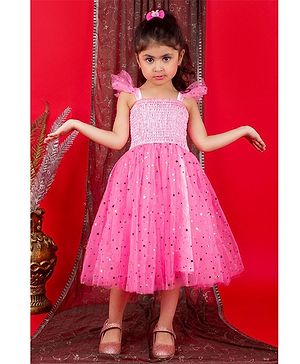 Bella Moda Frill Cap Sleeves Smocked Detail Bodice And Stars Foil Printed   Party Wear Dress -  Pink