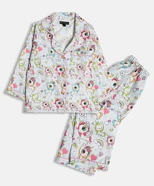 Bella Moda Full Sleeves Unicorn  Printed Night Suit  Set - Blue