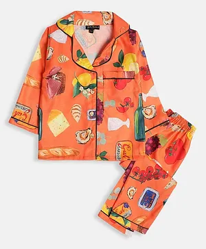 Bella Moda Full Sleeves All Sunday Feast Breakfast Theme Printed Coordinating Night Suit - Orange