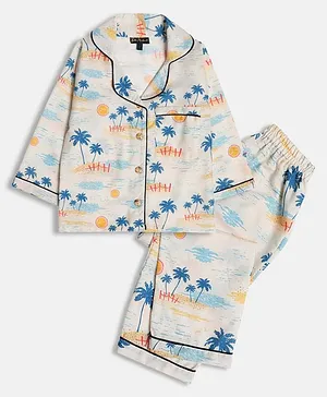 Bella Moda Full Sleeves Seamless Beach Theme Elements Printed Coordinating Night Suit - White