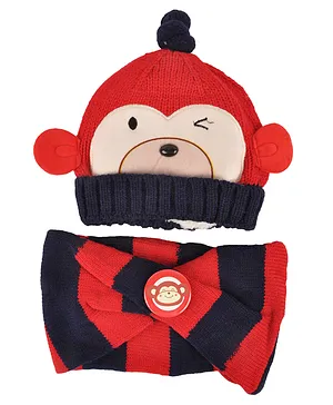 Yellow Bee Monkey Face Detailed Cap & Striped Muffler Set - Navy Blue & Red