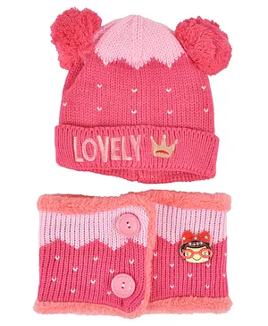 Yellow Bee Lovely Embroidered  With   Pom Pom Detailed Hat & Muffler Scarf  - Pink