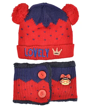 Yellow Bee Lovely Embroidered  With   Pom Pom Detailed Hat & Muffler Scarf  - Red & Navy Blue