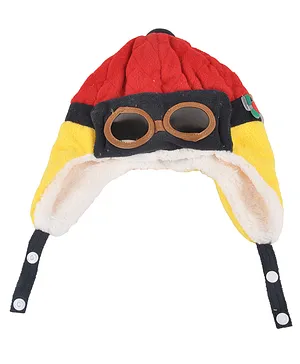 Yellow Bee Pilot Beanie Cap With Snap Button Closure - Red Yellow & Black