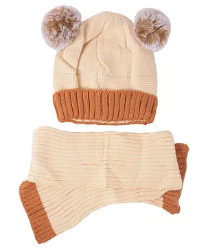 Yellow Bee Pom Pom Detailed Cap With Muffler Scarf - Beige