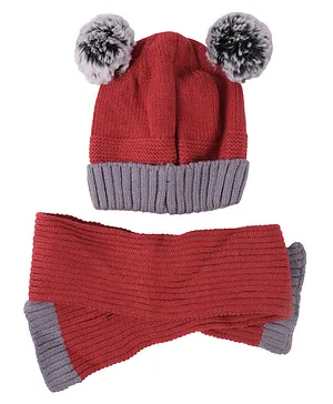 Yellow Bee Pom Pom Detailed Cap With Muffler Scarf - Red